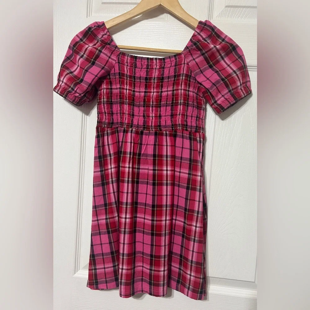 OLD NAVY Girls Pink Plaid Smocked Dress Cotton Puff Sleeves Size 6-7